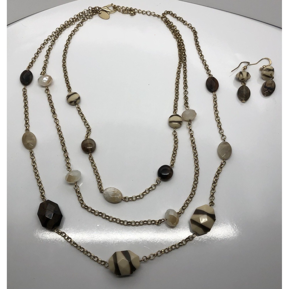 Matching Necklace Dangle Earrings Gold Tone 18-24" Zebra Brown Cream 3 Layers